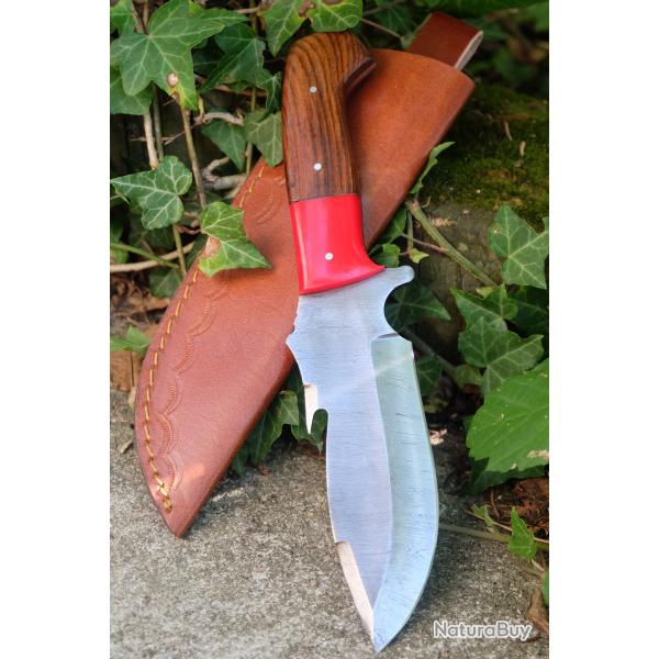 Couteau Tactical Survie Lame Damas Acier 256 Couches Manche Bois/Rsine Etui Cuir Fabric Artisanale
