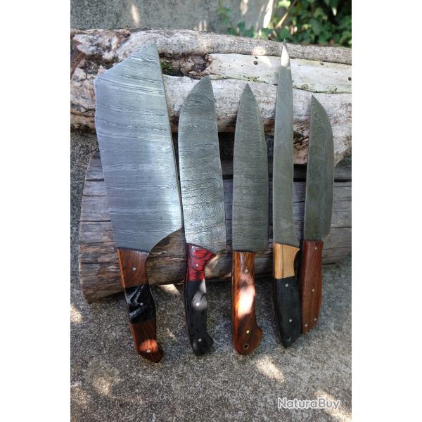 LOT DE 5 Couteau De Cuisine Couteau de Chef Lame Acier Damas 256 Couches Fabrication Artisanale 001