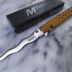 Couteau Semi Automatique MTech Kriss Lame Wavy Acier 3Cr13MoV Satin Manche Alu Anodisé Or Liner Lock