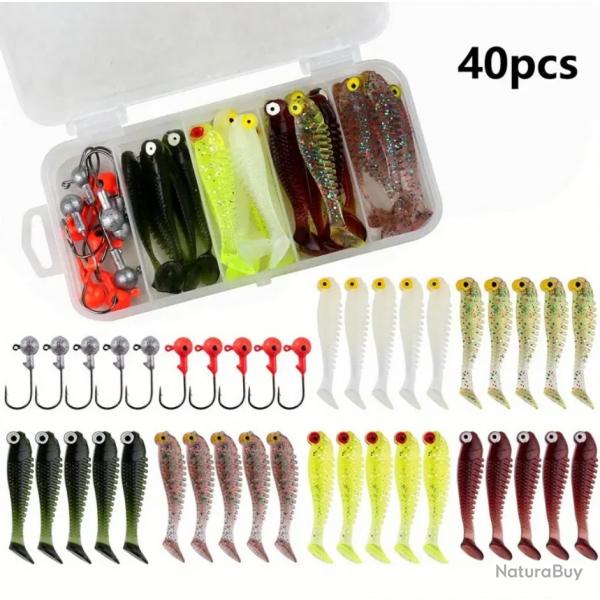 Lot de 40 leurres souples de 5cm et 3.5g, kit de leurres avec tte plombe et bote
