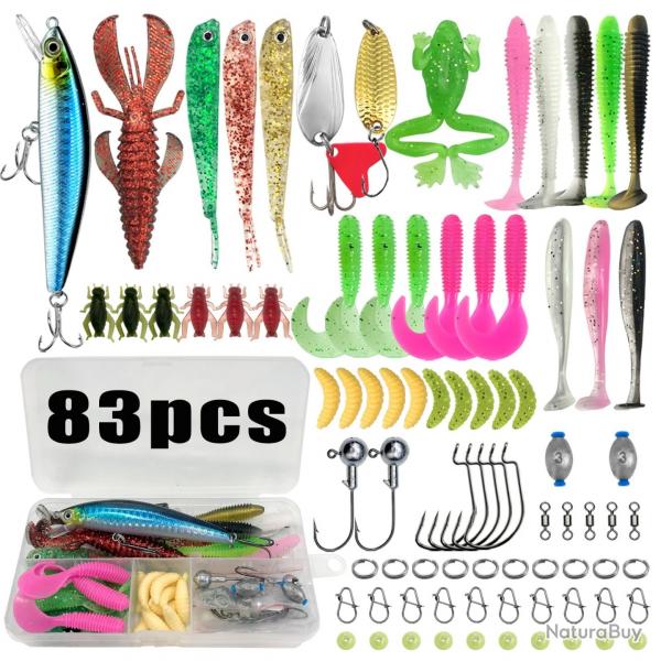 Lot de 83 pcs Leurres souple hameons tte plombe leurres dur 5