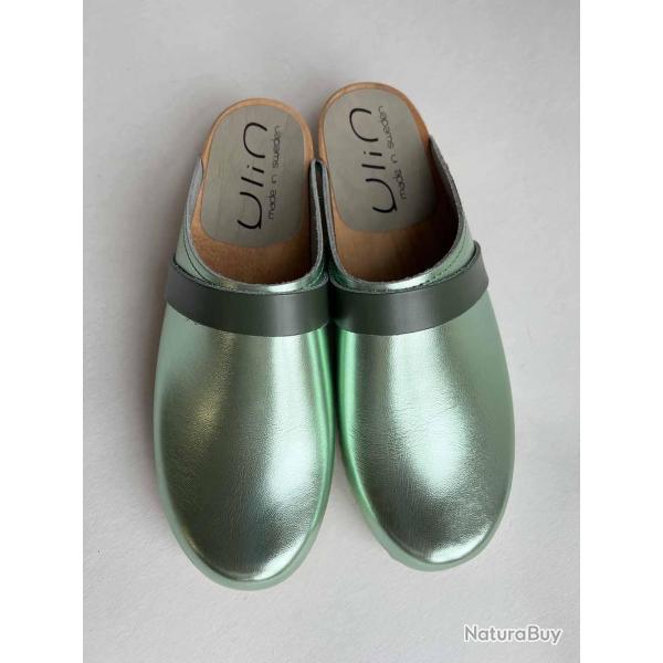Sabots en bois femme et cuir mtallis bande nubuck ou cuir 38 Mtal vert