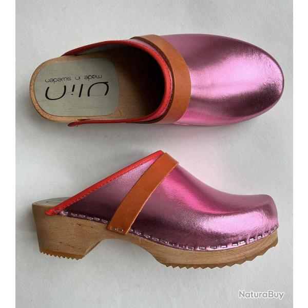 Sabots en bois femme et cuir mtallis bande nubuck ou cuir 39 Mtal Rose