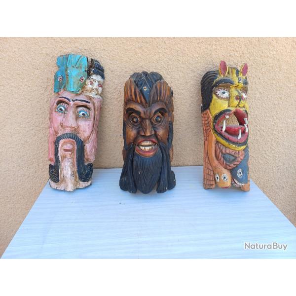 3 Masques Tribaux Etnique Bois 19 me