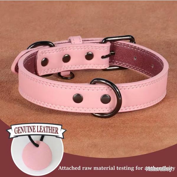 Collier pour Chien en Cuir Vritable Souple, Durable Confortable 43-53 cm Rose