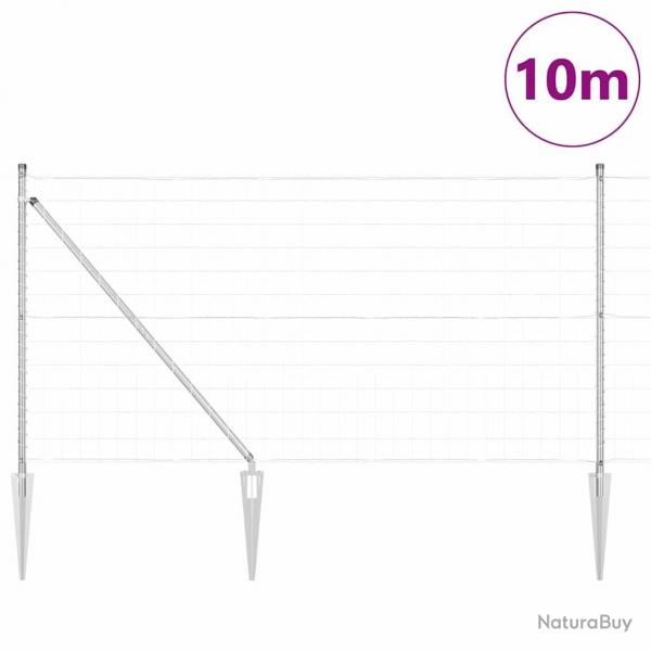 Clture Euro avec 7 poteaux pointus, 1x10 m en acier galvanis