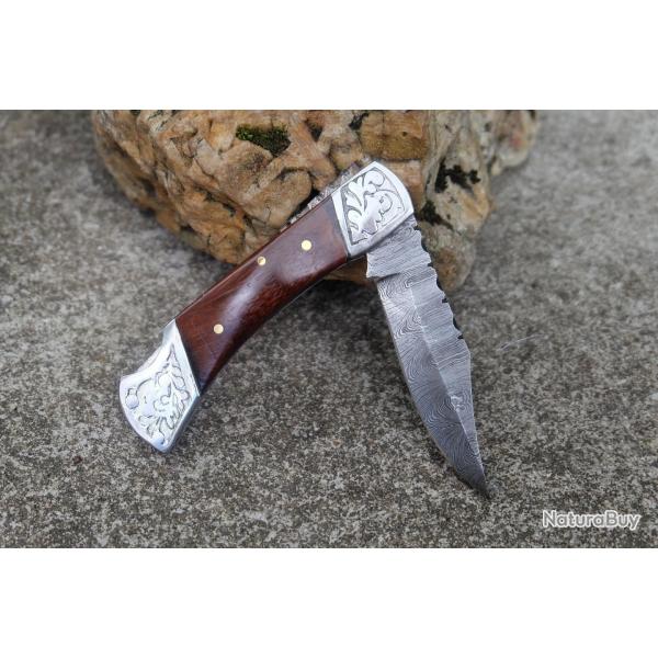 Couteau Lame Damas 128 Couches Style Buck 112 Manche Rosewood Fabr Artisanale Scurit Lockback