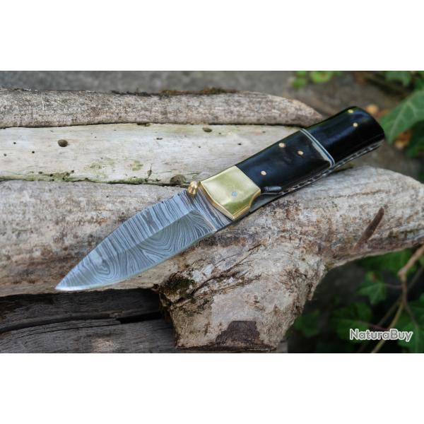 Beau Couteau Damas Lame Drop Point 128 Couches Manche Blier & Rsine Fabric Artisanale Linerlock01