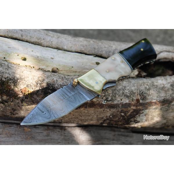 Beau Couteau Damas Lame Drop Point 128 Couches Manche Blier & Rsine Fabric Artisanale Linerlock 00