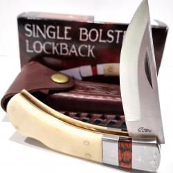 Couteau pliant de chasse/skinner avec manche en os blanc, lame en acier inoxydable 440 Etui Cuir