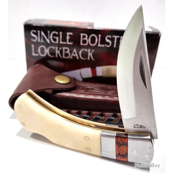 Couteau pliant de chasse/skinner avec manche en os blanc, lame en acier inoxydable 440 Etui Cuir
