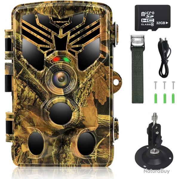 Camra de Chasse 24MP Vido 2,7K Vision Nocturne Infrarouge Ultra-rapide 0,2s IP66 Etanche +SD 32 Go