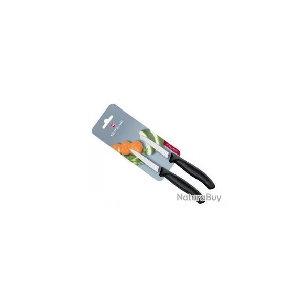 Carte de 2 couteaux office Victorinox lame 8 cm inox, pointe milieu, manche polypropylne noir.