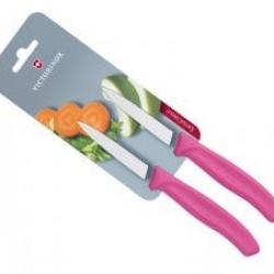Carte de 2 couteaux office Victorinox lame 8 cm inox, pointe milieu, manche polypropylène rose