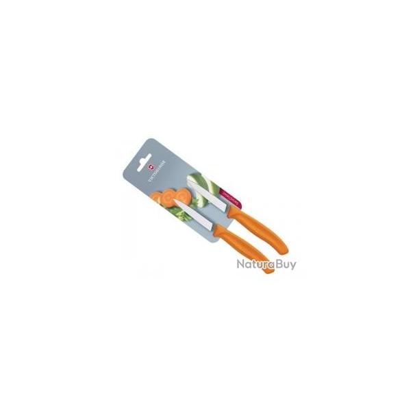 Carte de 2 couteaux office Victorinox lame 8 cm inox, pointe milieu, manche polypropylne orange