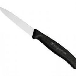 Couteau office Victorinox lame crantée 8 cm inox, pointe milieu, manche polypropylène noir.