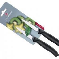 Carte 2 couteaux office Victorinox lame crantée 8 cm inox pointe milieu manche polypropylène noir.
