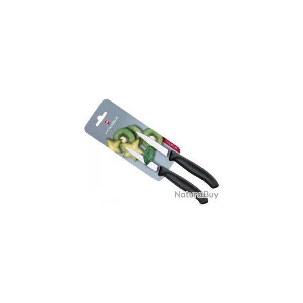 Carte 2 couteaux office Victorinox lame crante 8 cm inox pointe milieu manche polypropylne noir.