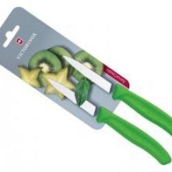 Carte 2 couteaux office Victorinox lame crantée 8 cm inox pointe milieu manche polypropylène vert