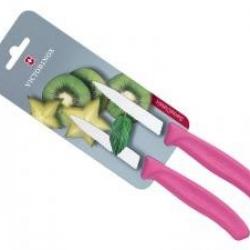 Carte 2 couteaux office Victorinox lame crantée 8 cm inox pointe milieu manche polypropylène rose