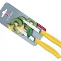 Carte 2 couteaux office Victorinox lame crantée 8 cm inox pointe milieu manche polypropylène jaune