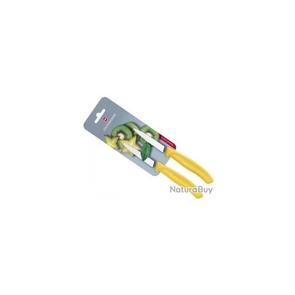 Carte 2 couteaux office Victorinox lame crante 8 cm inox pointe milieu manche polypropylne jaune