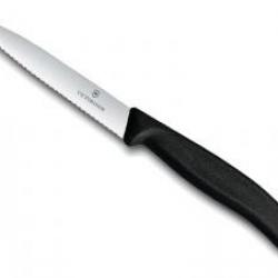 Couteau office Victorinox lame 10 cm crantée inox, pointe milieu, manche polypropylène noir