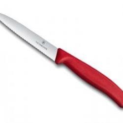 Couteau office Victorinox lame 10 cm crantée inox, pointe milieu, manche polypropylène rouge