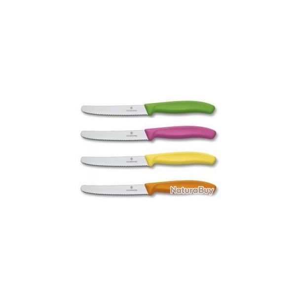 Bote de 20 couteaux de table/tomates Victorinox lame crante 11 cm inox, bout rond, manche assortis