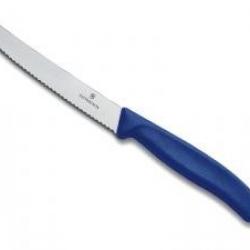 Couteau de table/tomates Victorinox lame crantée 11 cm inox, bout rond, manche polypropylène bleu