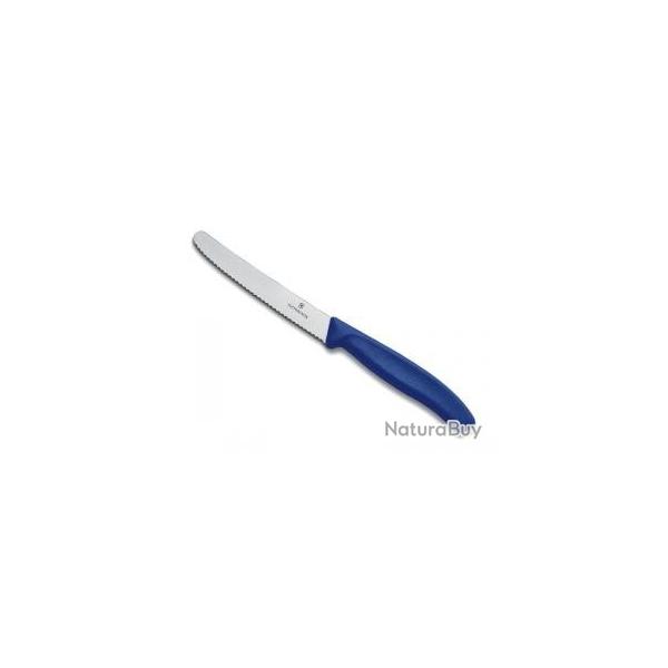 Couteau de table/tomates Victorinox lame crante 11 cm inox, bout rond, manche polypropylne bleu