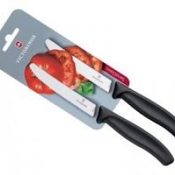 Carte de 2 couteaux de table/tomates Victorinox lame crantée 11 cm inox, bout rond, manche noir.