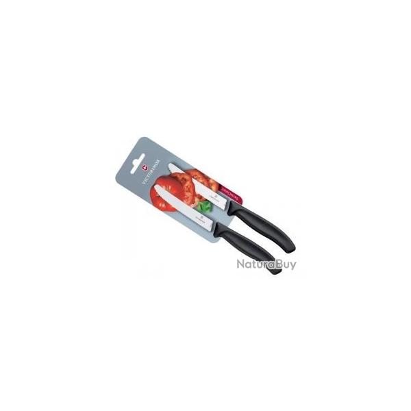 Carte de 2 couteaux de table/tomates Victorinox lame crante 11 cm inox, bout rond, manche noir.