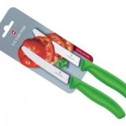 Carte de 2 couteaux de table/tomates Victorinox lame crantée 11 cm inox, bout rond, manche vert