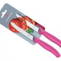 Carte de 2 couteaux de table/tomates Victorinox lame crantée 11 cm inox, bout rond, manche rose