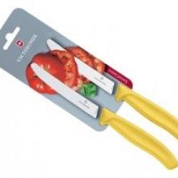 Carte de 2 couteaux de table/tomates Victorinox lame crantée 11 cm inox, bout rond, manche jaune