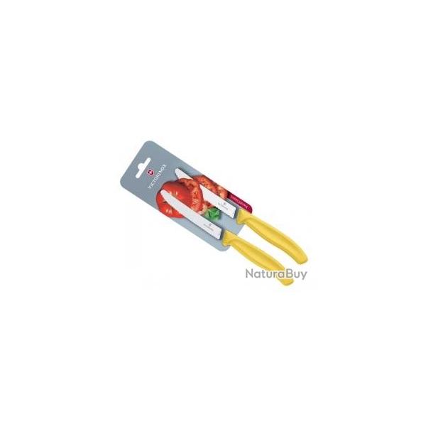 Carte de 2 couteaux de table/tomates Victorinox lame crante 11 cm inox, bout rond, manche jaune