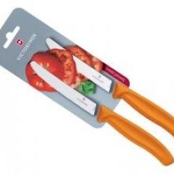 Carte de 2 couteaux de table/tomates Victorinox lame crantée 11 cm inox, bout rond, manche orange