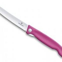 Couteau office pliant Victorinox lame crantée inox, bout rond, à cran intérieur, manche 13 cm rose
