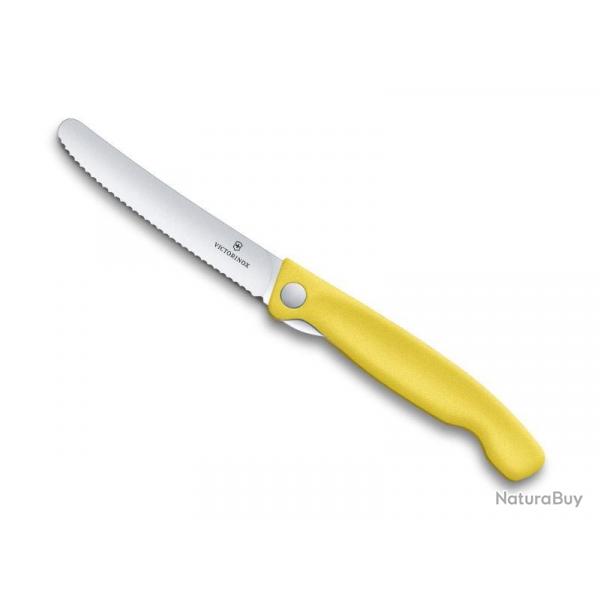 Couteau office pliant Victorinox lame crante inox, bout rond,  cran intrieur, manche 13 cm jaune