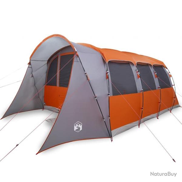 Tente de famille avec des fentres et un tunnel gris et orange, pour 8 personnes, impermable.