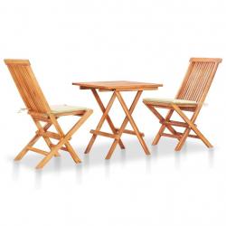 Ensemble de bistro 3pcs avec coussins crème Bois de teck massif