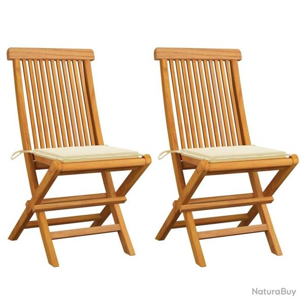 Chaises de jardin et coussins crme lot de 2 Bois teck massif