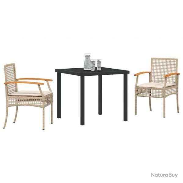 Ensemble de salle  manger jardin 3 pices avec coussins en poly rattan beige