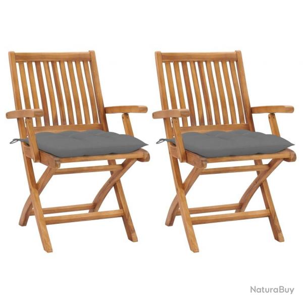 Chaises de jardin lot de 2 et coussins gris Bois de teck massif