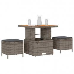 Ensemble de salle à manger de jardin 3 pièces avec coussins gris en poly rotin et acacia
