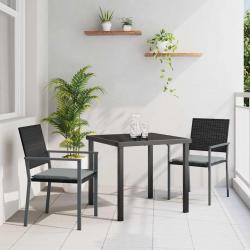 Ensemble de salle à manger de jardin 3 pièces avec coussins en poly rotin noir.