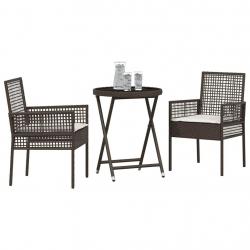 Ensemble de bistro de jardin 3 pièces avec coussins en poly rotin marron