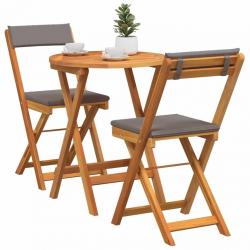 Ensemble Bistro Pliable 3 Pièces avec Coussins en Bois Massif Acacia