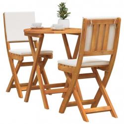 Ensemble Bistro de 3 Pièces avec Coussins en Bois d'Acacia Massif
